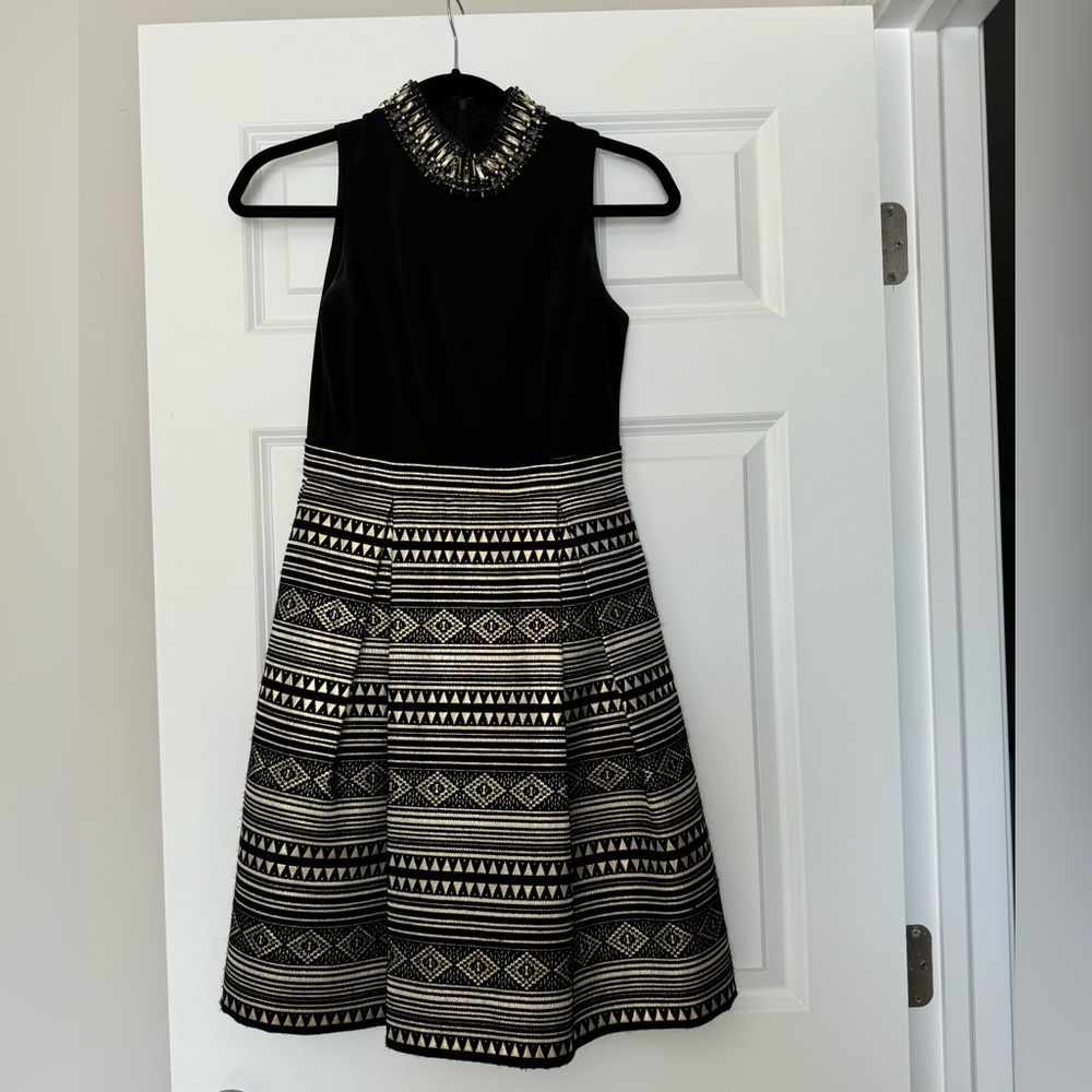 Vince Camuto embellished high neck and gold embroidered dress